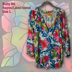 Ruby Rd. Size L Luxurious Rayon/Linen Floral Blouse | Blue/Pink/Green/White